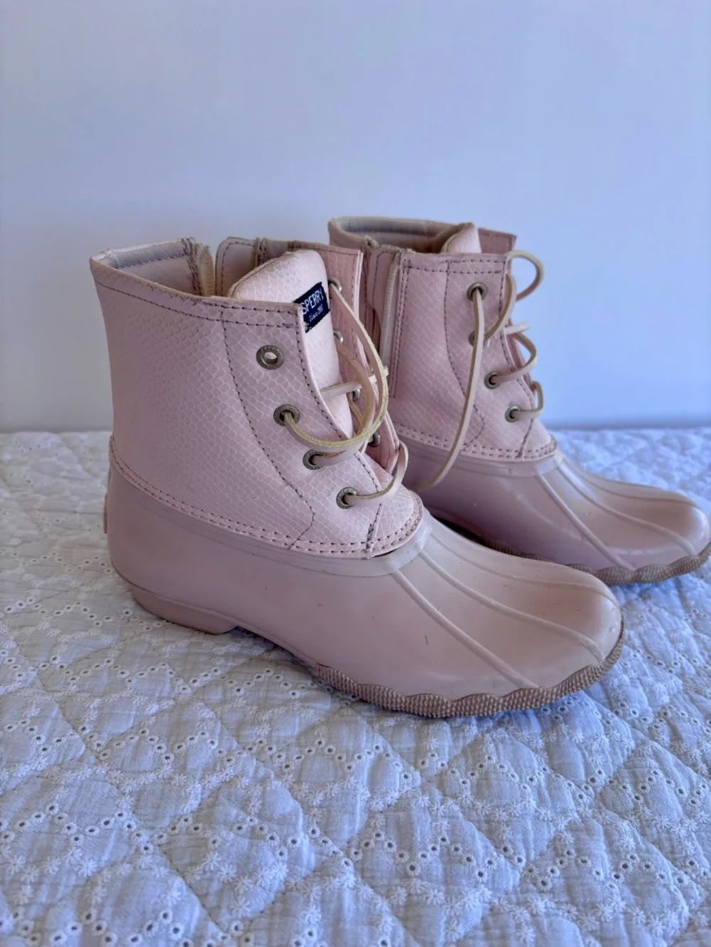 Sperry Duck Boots Girls Size 3 Pink Khaki Waterproof Lace Up Rain Boots
